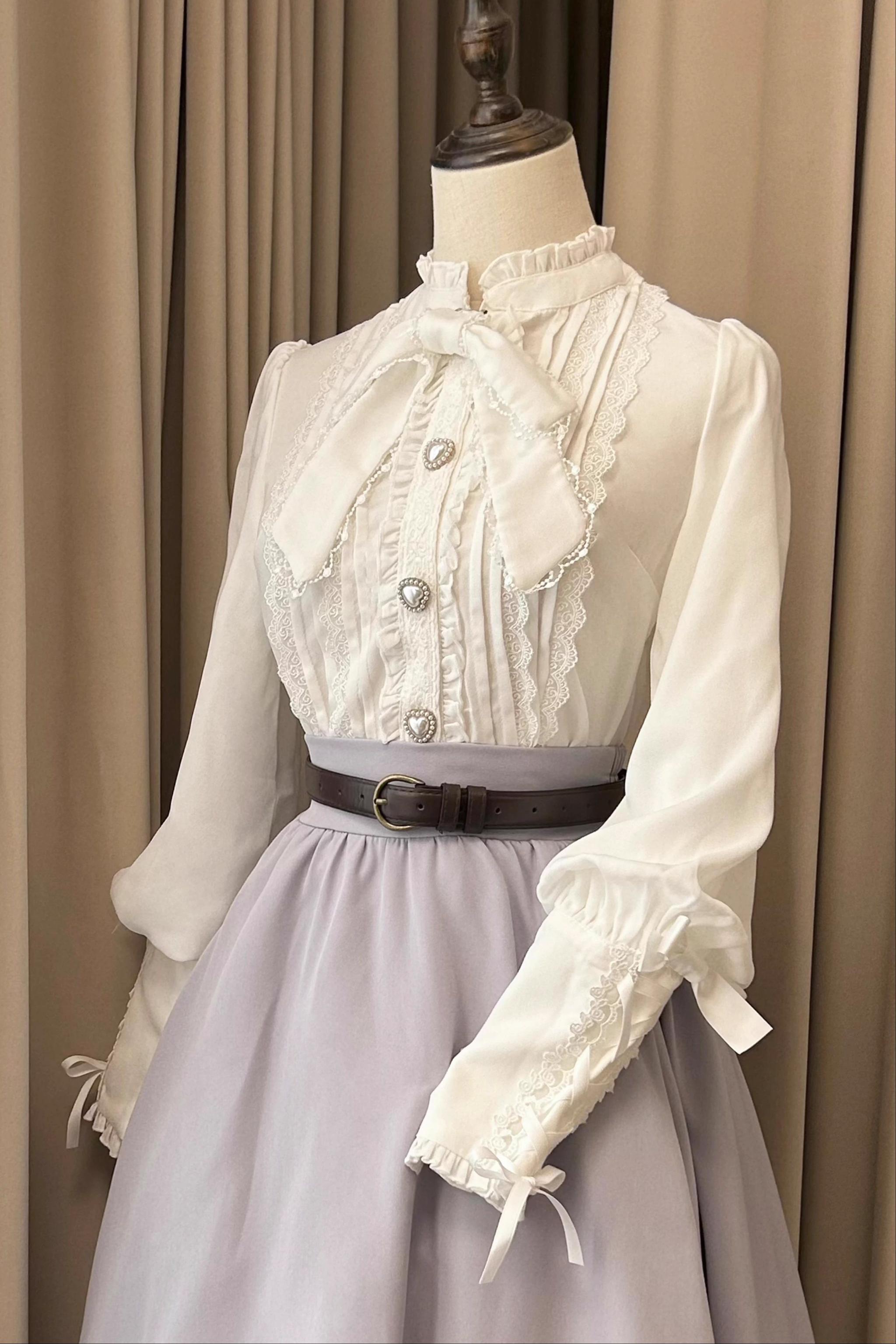 Sweet Wood - Margaret - Plus Size Lolita Dress Suit Solid JSK White Chiffon Blouse + Collar Bow Free Size