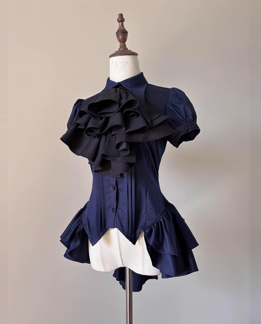 FlowerFairyDaily~Midnight Prayer~Solid Lolita Shirt with Flowing Tiered Back Hem