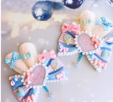 (Buy for me)Sweetheart Endless~Sweet Lolita Lace Rabbit Ears Cuffs Multicolor a pair of big rabbit ears and heart blue-pink pin (not cuff)  