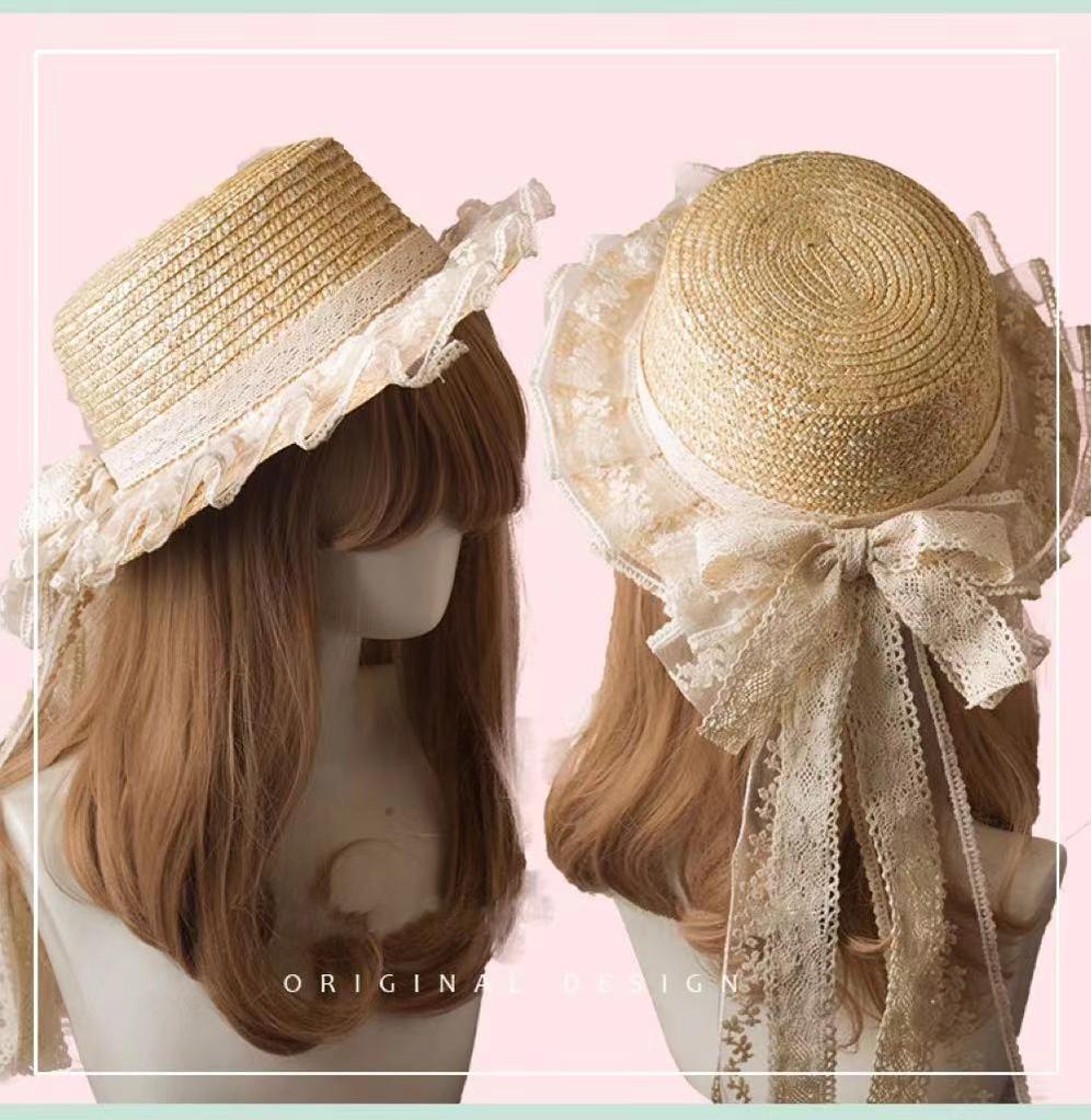 (BFM)The Accessories' Story~Mori Lolita Hat Handmade Sunshade Bow Straw Hat