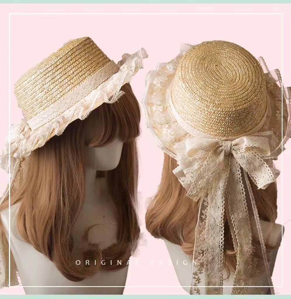 (BFM)The Accessories' Story~Mori Lolita Hat Handmade Sunshade Bow Straw Hat free size straw hat 