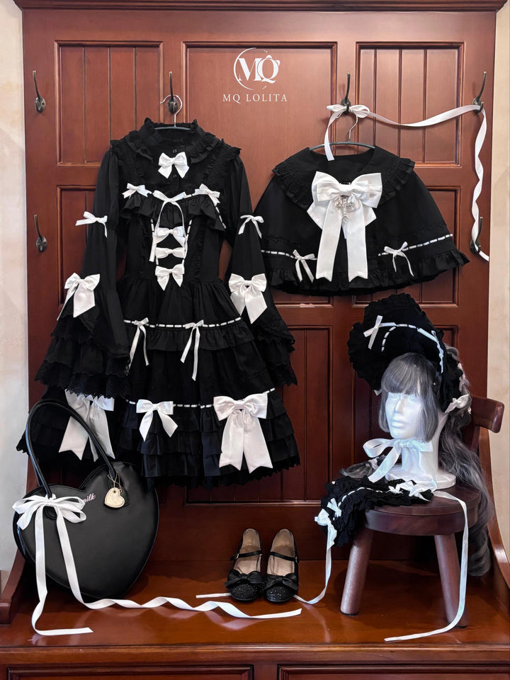 MQ Cat Ball~Maze Doll~Old School Lolita Jumper Dress Gorgeous Lolita Cape Black and white (black rose) JSK only S