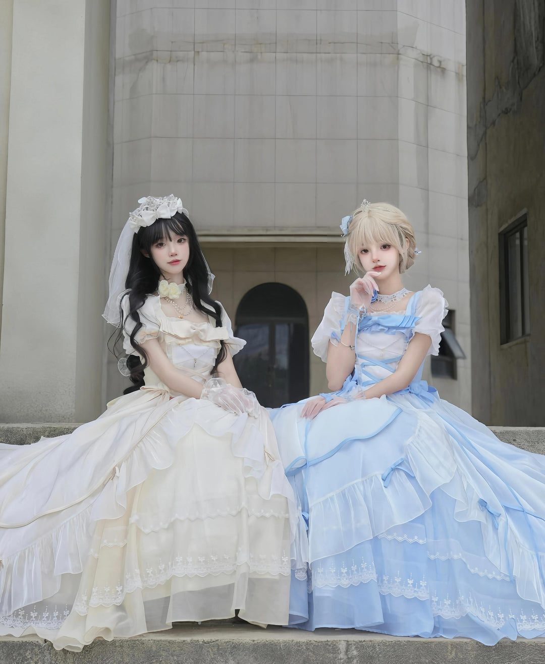 Flight Diary~Princess Lolita Dress Wedding Lolita OP and Daily Wear OP Pre-order XS Shorter Daily Wear Lolita OP- White and Blue (No Trailing)