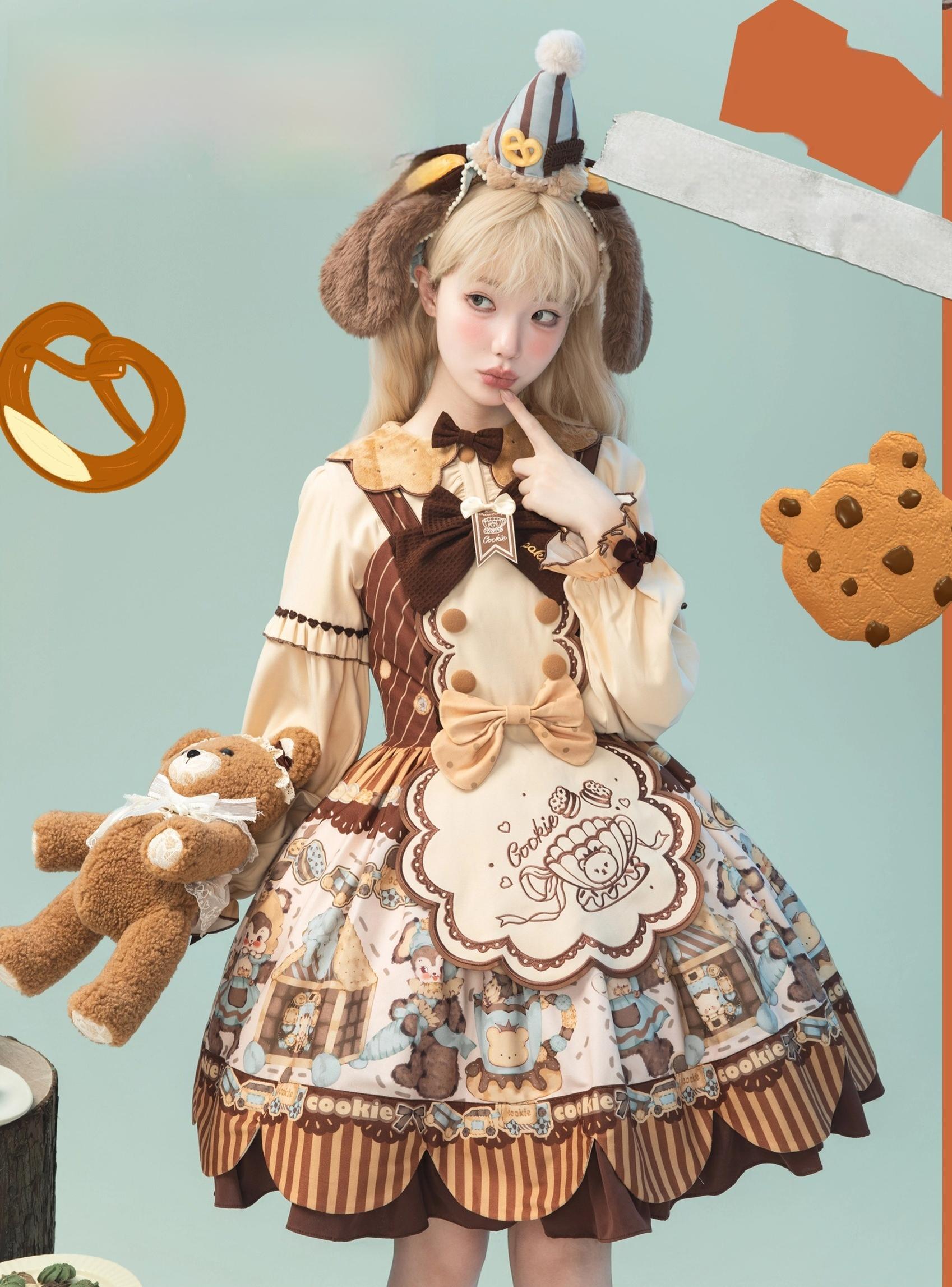 Star Fantasy - Bear Cookies - Kawaii Bear Printed Vintage Lolita Dress 43817:786482