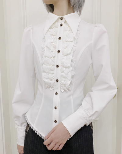 Little Dipper~Gothic Lolita Long Sleeve Shirt Long Blouse S Off-white shirt with white lace (pre-order) bow tie not included 