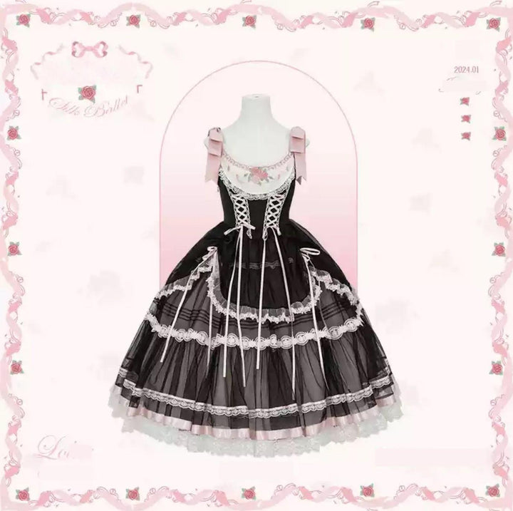 Mademoiselle Pearl~Silk Ballet~Wedding Lolita JSK Dress Princess Ballet Dress XS Long JSK (Black-pink with white lining) 