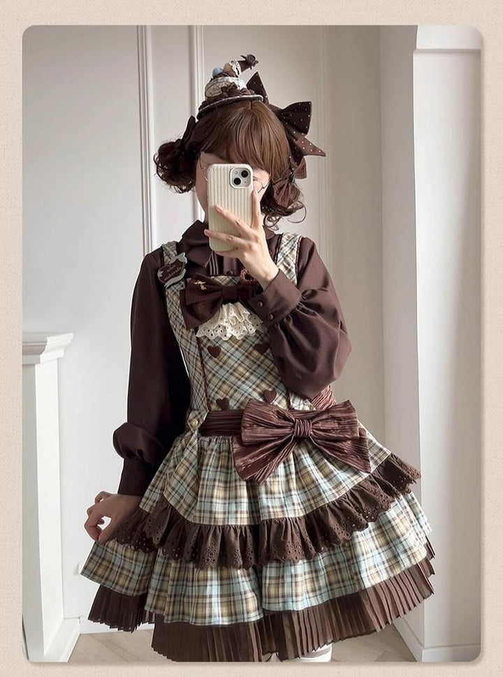 Tan Tuan - Chocolate Mint Day - Kawaii Lolita Jumper Dress, Tiered Ruffles, Sweater Cape