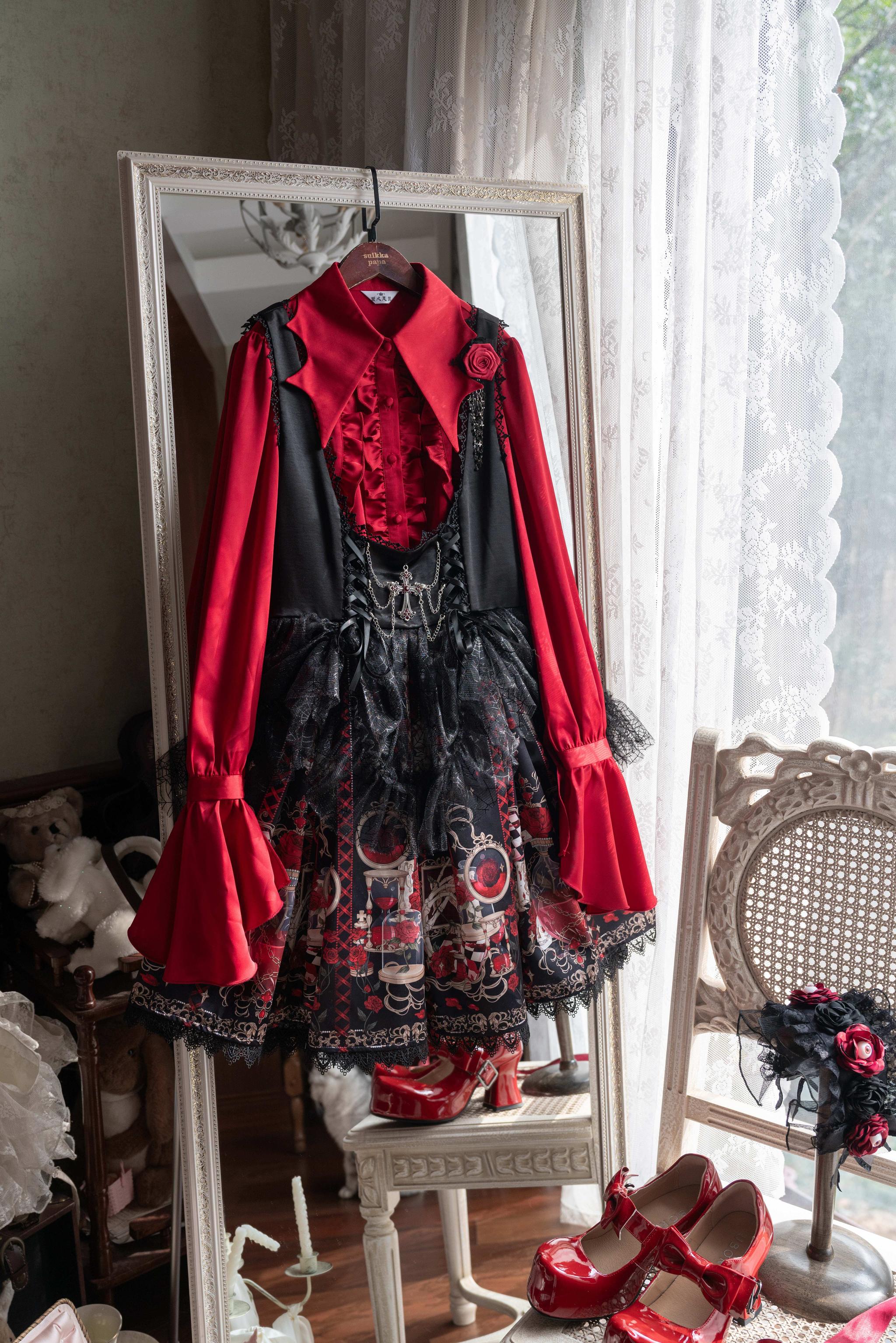 Blood Research Lab - Gothic Lolita JSK Dress, Rose & Skull Print 44449:809022