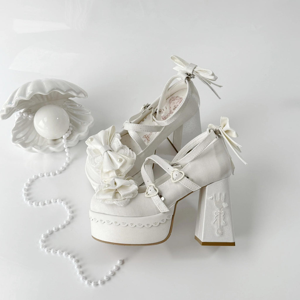 Tea Party Tale - Sweet Lolita Platform Heels, Bow Strap & Fork Embroidery (White / 34 35 36 37 38 39 40 41) 45905:867664