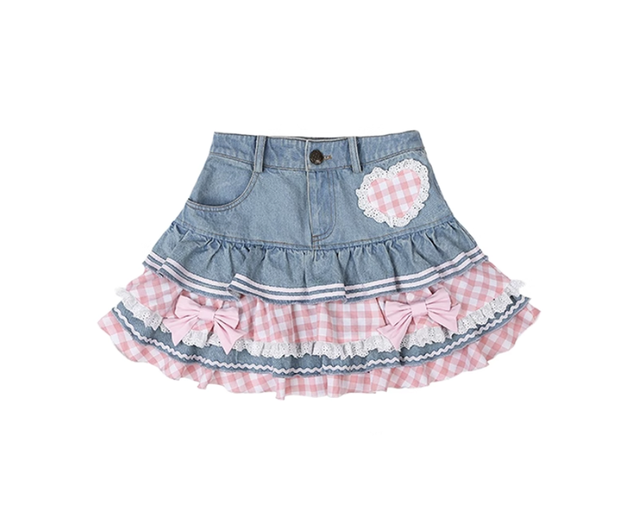 Cute Blue Half Skirt with Butterfly Bow and Plaid S light blue