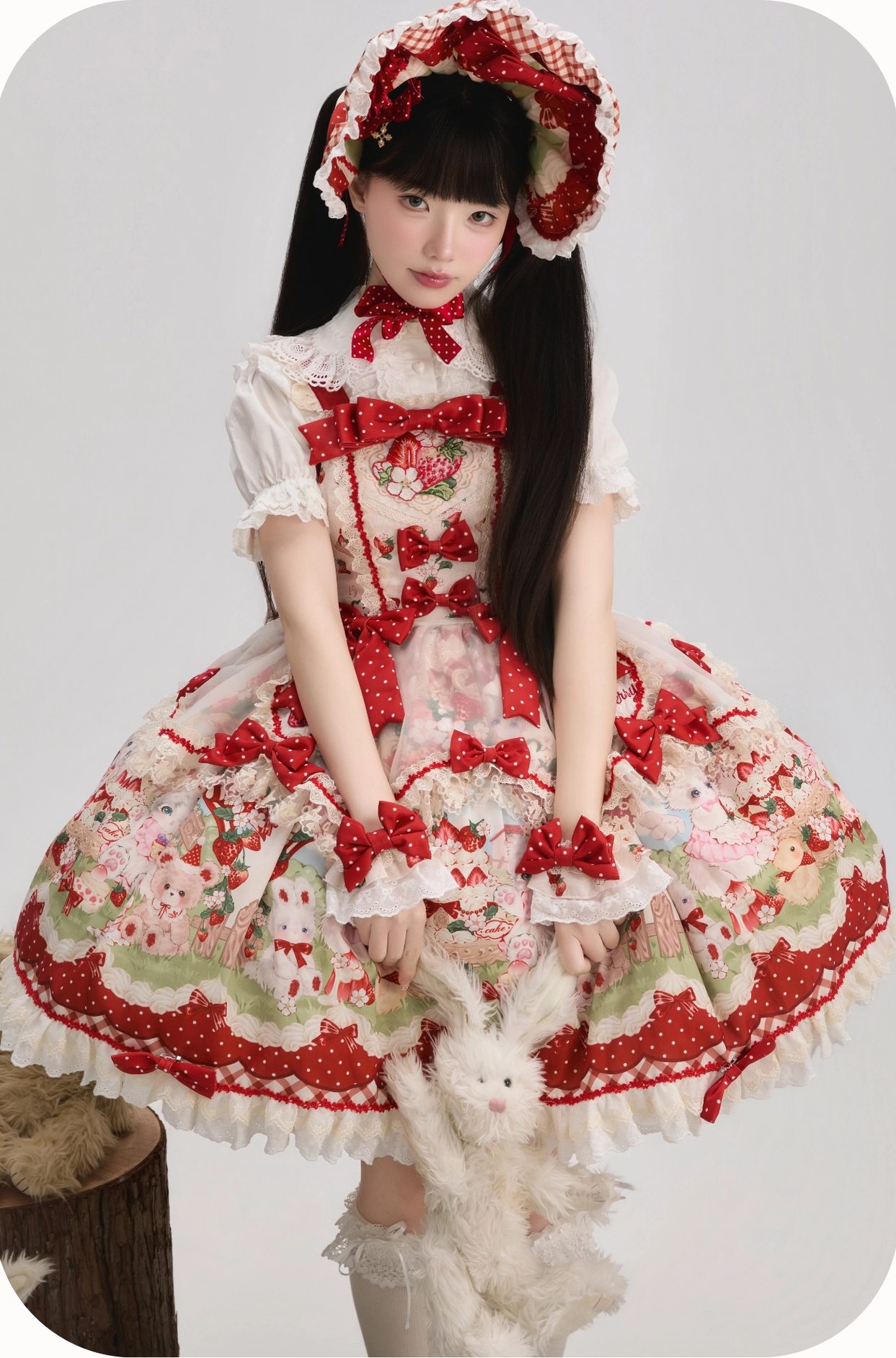 Strawberry Cat - Printed Sweet Lolita JSK Dress, Embroidered Strawberry