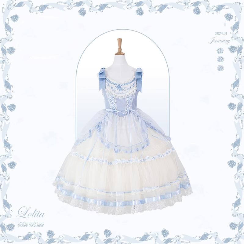 Flower and Pearl Box~Silk Ballet~Wedding Lolita JSK Dress Princess Bridal Dress XS Long JSK (Blue) 