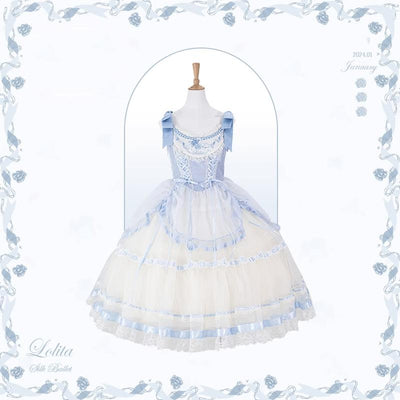 Flower and Pearl Box~Silk Ballet~Wedding Lolita JSK Dress Princess Bridal Dress XS Long JSK (Blue) 