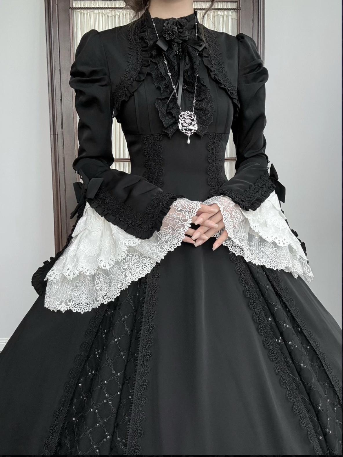 Silver Mist - Halloween Black Gothic Lolita OP Dress, Lace Hime Sleeves
