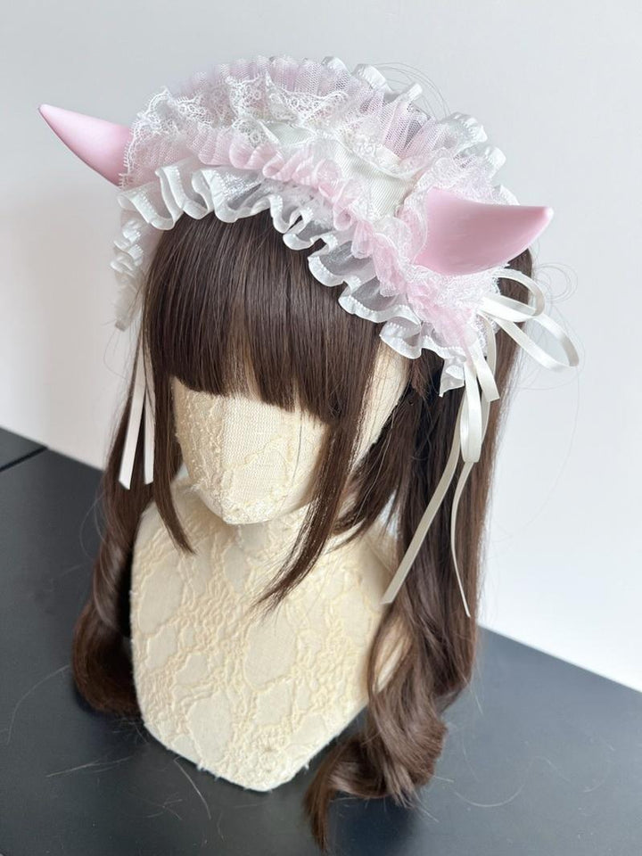 MAID~Gothic Lolita Halloween KC Devil Horn Hairband Customizable Color White x Light Pink