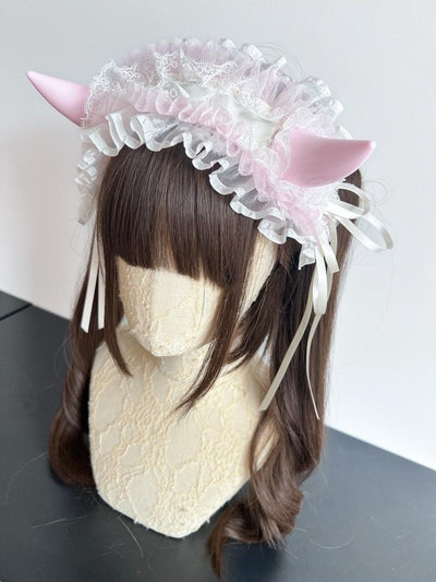 MAID~Gothic Lolita Halloween KC Devil Horn Hairband Customizable Color White x Light Pink  