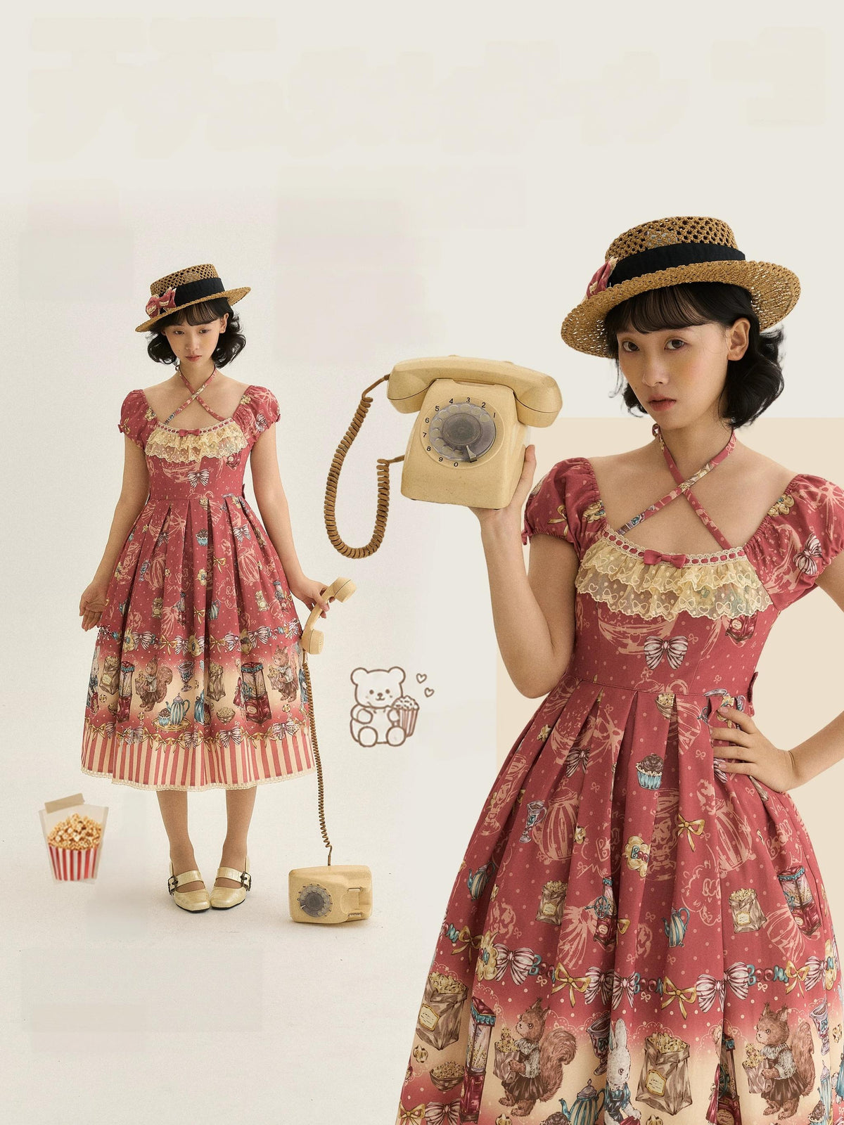 Popcorn Bear - Sweet Lolita OP Dress Set, Bear Tea Party Print 45994:871435