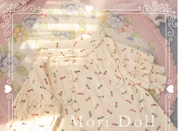 Mori Doll~Kawaii Lolita Rabbit Ears Short Sleeve Shirt Multicolors S yellow candy print 