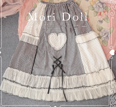 Mori Doll~Peach Tea~Sweet Lolita Dot and Stripe Print Skirt Multicolors S black 