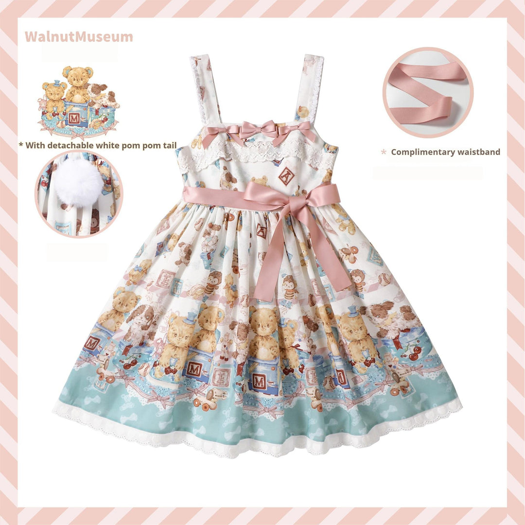 Walnut Museum~Toy Anniversary~Kawaii Lolita Dress Suit Bear Print JSK and Salopette Milky White JSK S