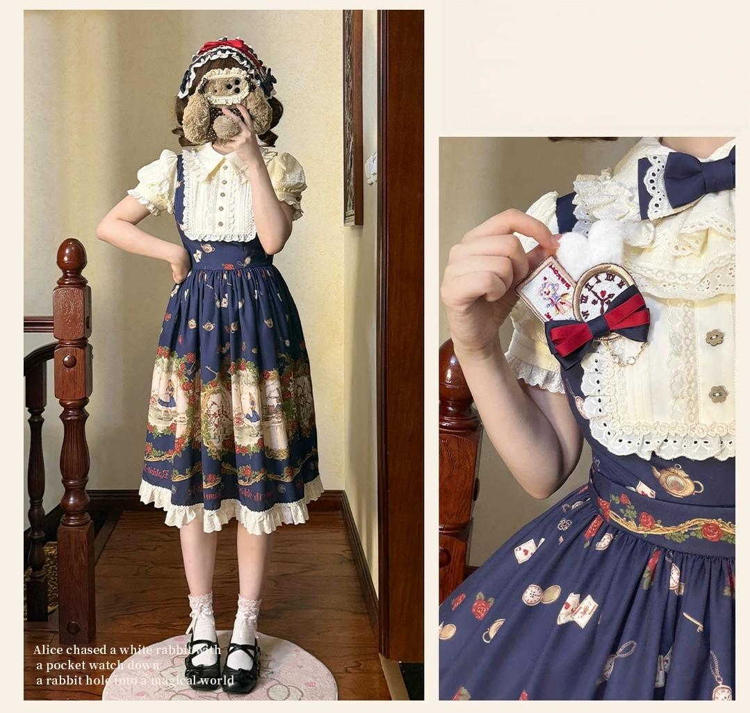 Down the Rabbit Hole - Daily Wear Classic Lolita OP & JSK Dress, Alice in Wonderland Print 46008:871995