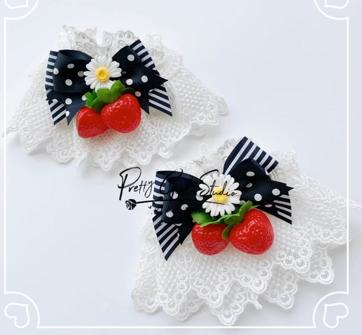 Pretty Girl Lolita~Sweet Lolita Red-Black DIY Strawberry Headdress a pair of black and red cuffs  