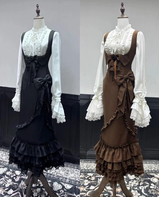 Miss Winnie - Gothic Lolita Blouse & Mermaid JSK Dress Set, Ruffle Lace Hem 46027:872881