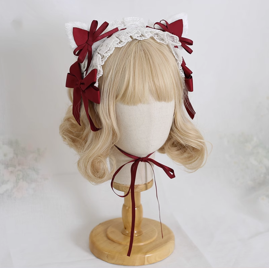 Xiaogui~Sweet and Lovely Lolita Cat Ear Bow Headband wine red cat ear hairband  