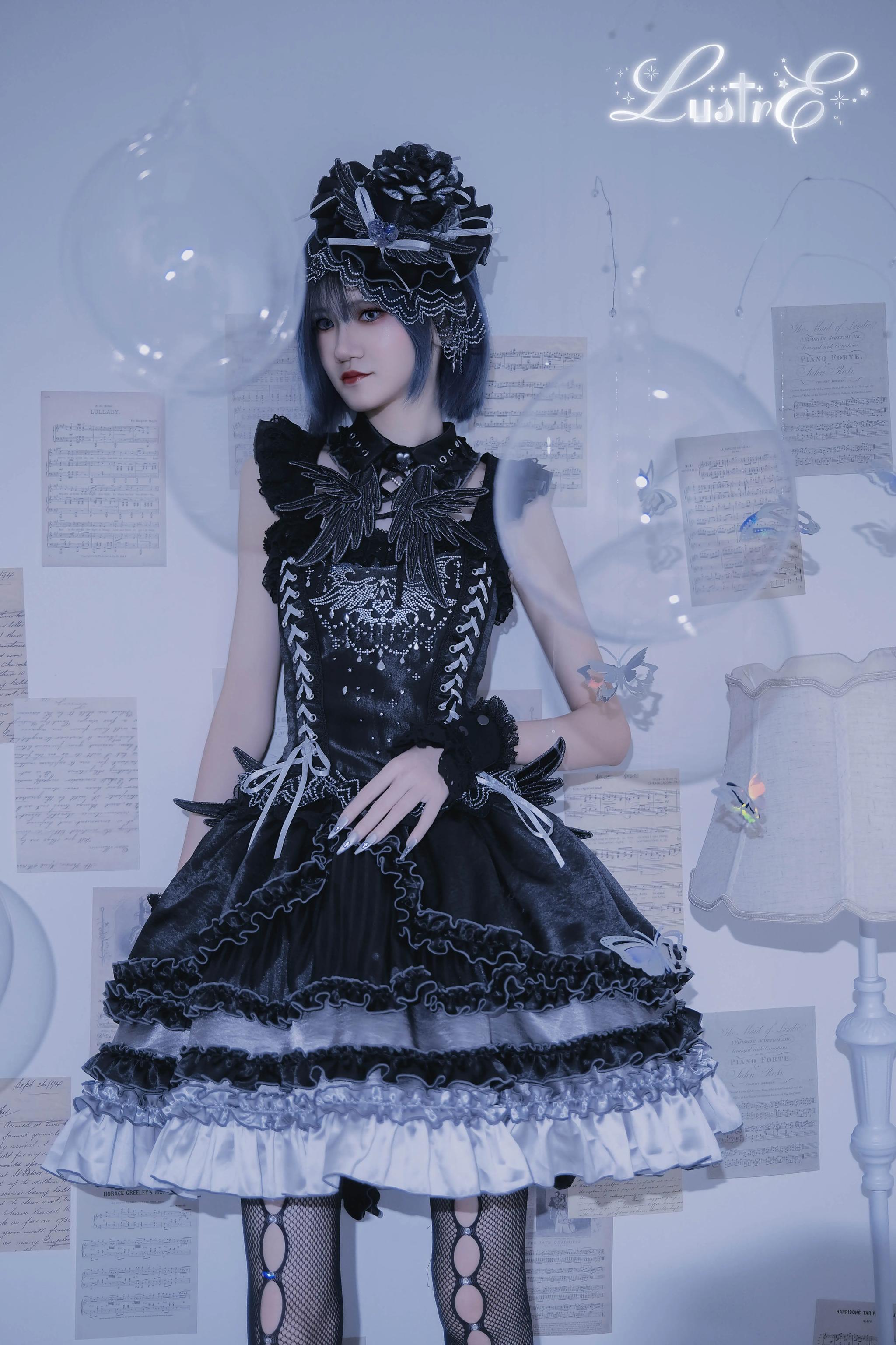 LustrE - Metallic Angel Black - Gothic Lolita Rhinestone Top & Ruffled Skirt Set 43991:791119