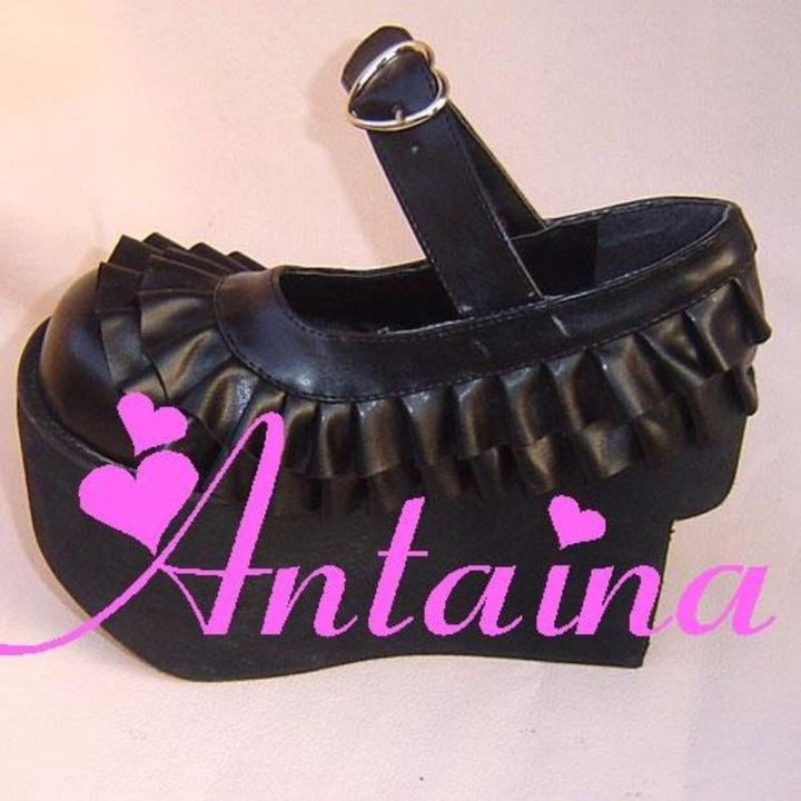 Antaina~Sweet Lolita Platform Shoes Lotus Leaf Edge Multicolor 35 Black Matte [9cm at the back 7cm at the front] 