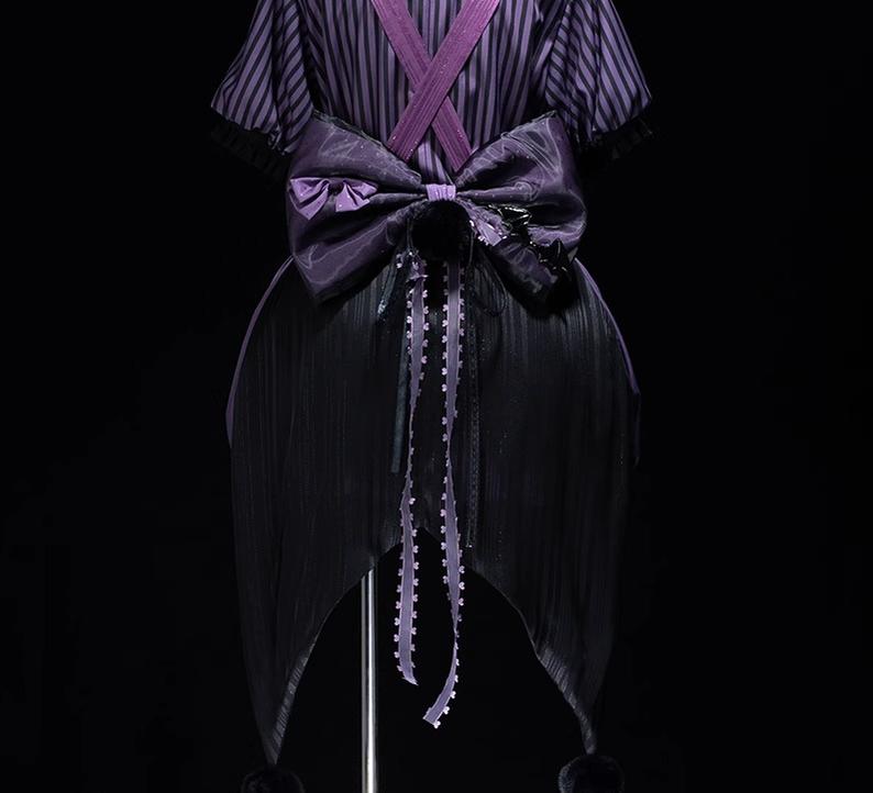 Forest Fluorescent Carps - Ouji Lolita OP Dress Circus Lolita Strip Prince Suit S Purple back bow