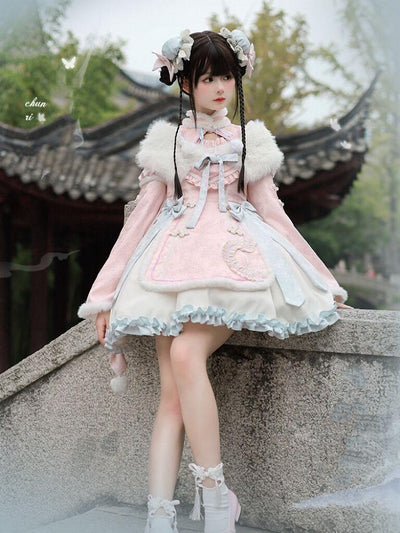 Honey Machine~Spring Peach~Han Lolita OP Dress Chinese Style OP Dress S OP dress(with fur shawl+bows at the waist) 