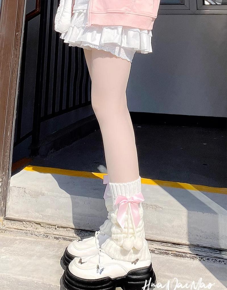 Hua Nai Cat~Cute Lolita Leg Warmers Winter Knitted JK Pile Socks Free size White Milk - with a pink butterfly knot 