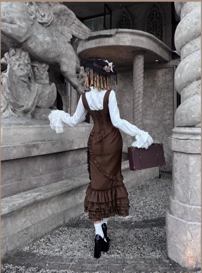Miss Winnie - Gothic Lolita Blouse & Mermaid JSK Dress Set, Ruffle Lace Hem 46027:872882