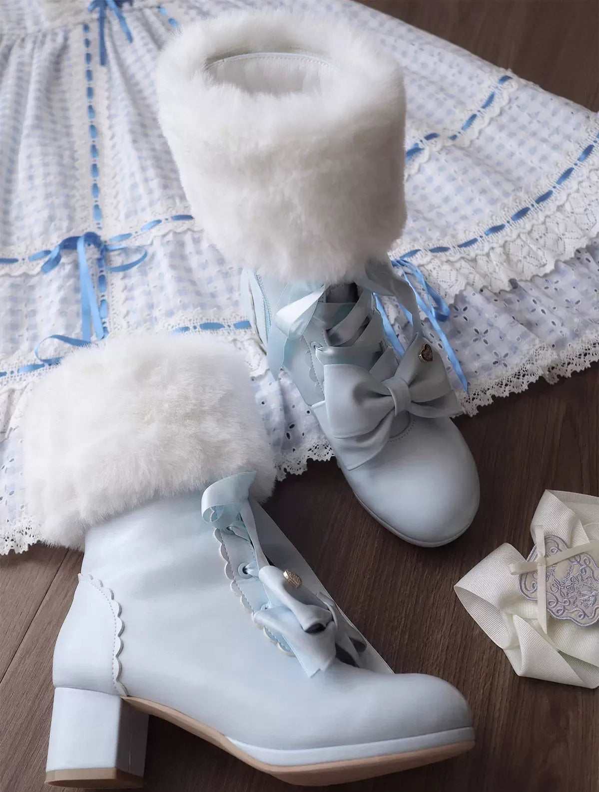 Sheep Puff - Snowy Mochi - Kawaii Lolita Winter Boots, Detachable Fur Trim 43995:791513