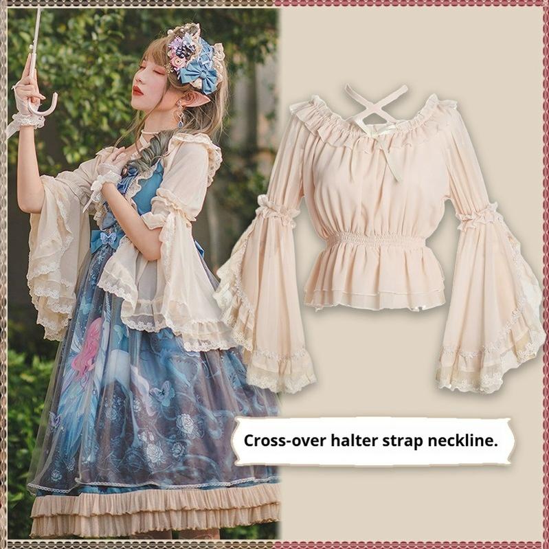 Motadalu~Classic Lolita Shirt Lace Princess Sleeves Chiffon Lolita Blouse Beige (cross-over halter strap neckline) Free size