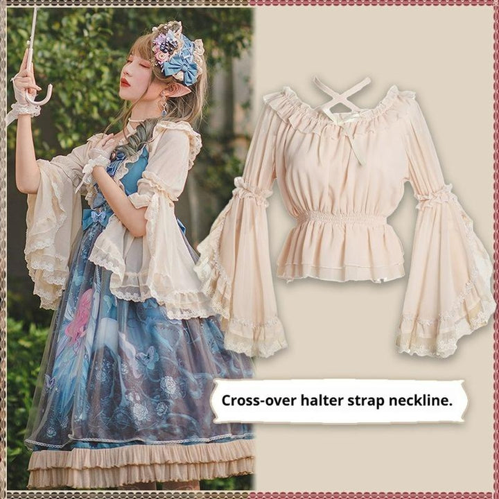 Motadalu~Classic Lolita Shirt Lace Princess Sleeves Chiffon Lolita Blouse Beige (cross-over halter strap neckline) Free size