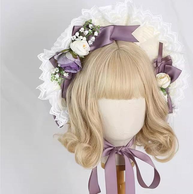 Xiaogui - Elegent Lolita Bonnet Bows Straw Hat One Size Cotton smoky purple