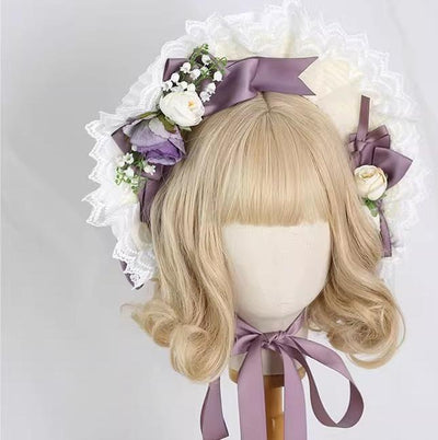 Xiaogui~Elegent Lolita Bonnet Bows Straw Hat Free size Cotton smoky purple 