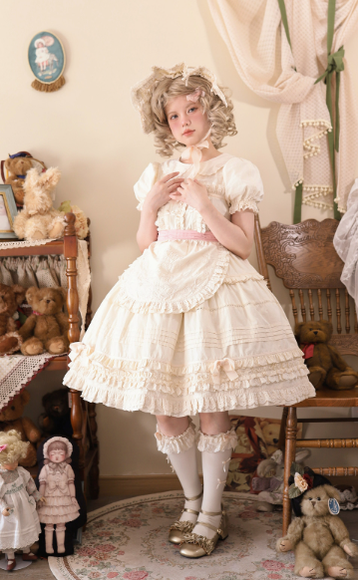 Seventh Puppet~Cream Waffle~Sweet Lolita Doll Sense Dress S ivory bnt large set 