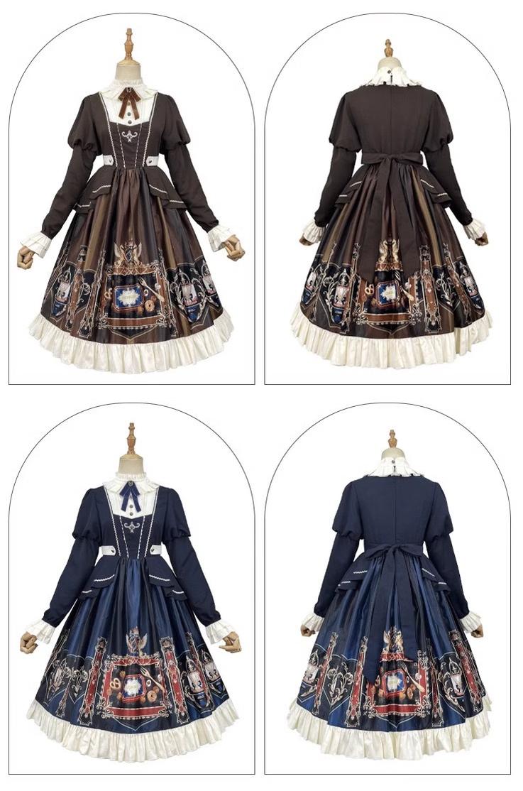 Jinmu~Chocolate Academy~Vintage Lolita OP Long Puff Sleeve Schoolgirl Lolita Dress 40344:657362