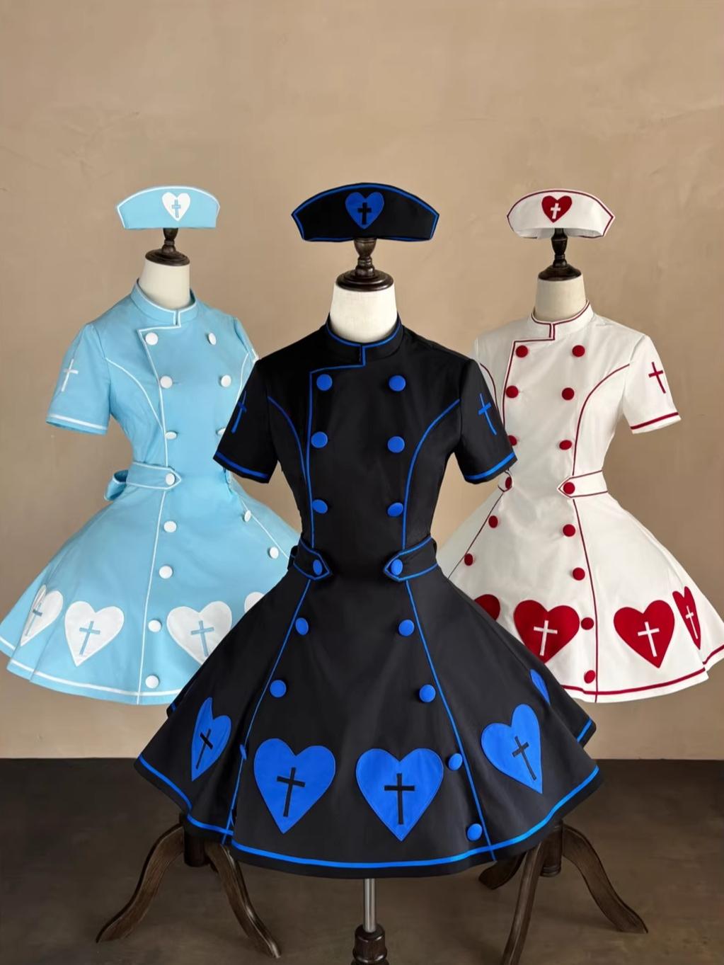 Sweet Heart Hospital - Old School Lolita Stand Collar OP Dress, Heart-cross Patches