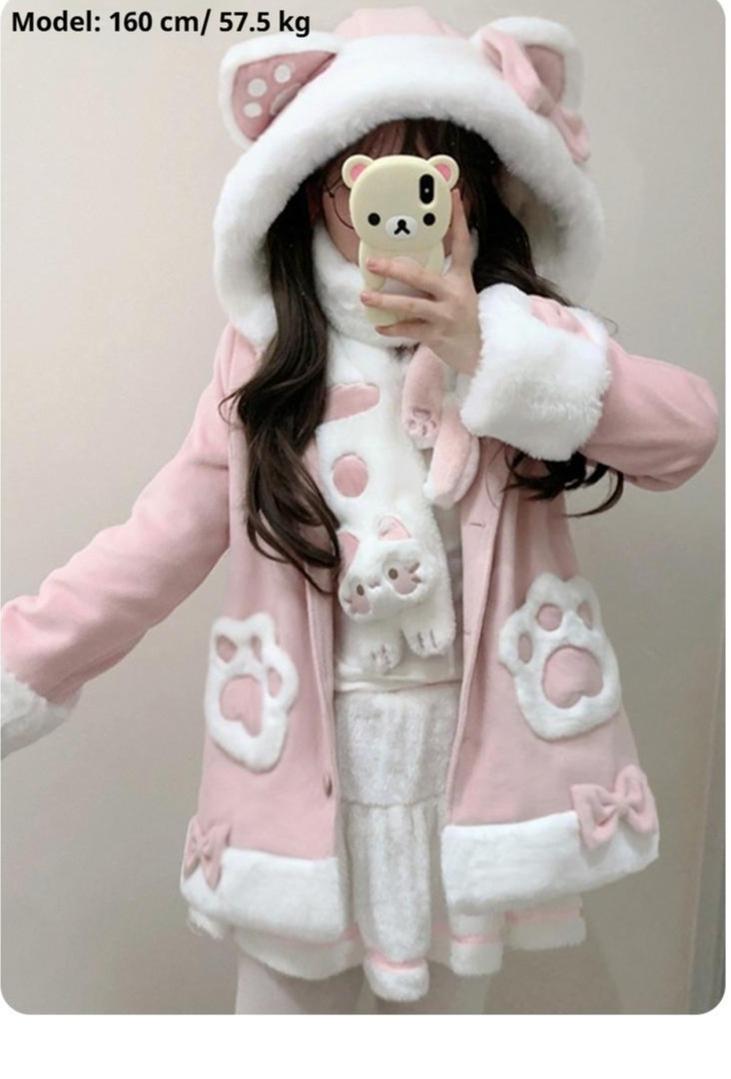 ZhiJinYuan~Calico Cat~Kawaii Lolita Plush Coat Lovely Warm Winter Coat S Pink (coat+ skirt+ scarf) 