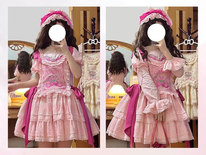 Mewroco~Flower Letter~Sweet Lolita OP Dress Doll Sense Embroidered Dress XS Pink OP + KC 29112:395654