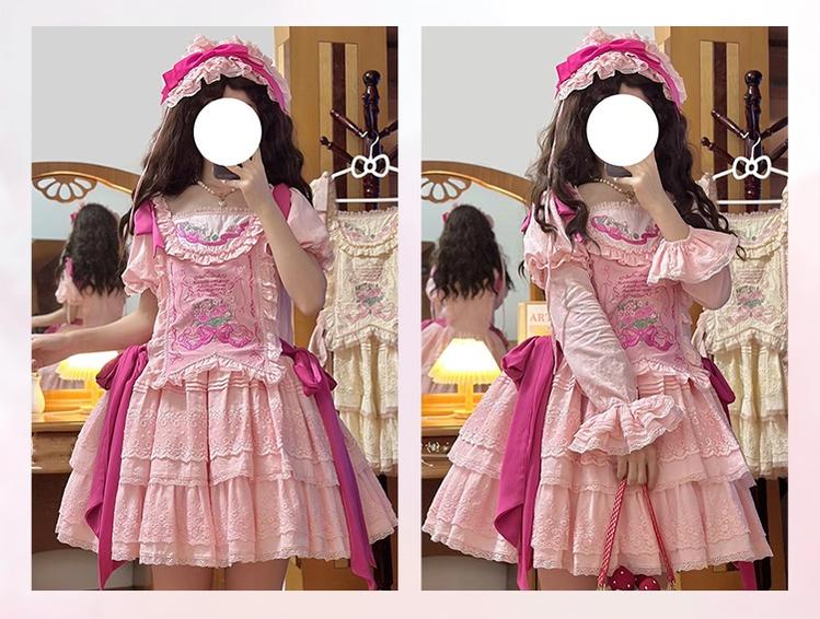 Mewroco~Flower Letter~Sweet Lolita OP Dress Doll Sense Embroidered Dress XS Pink OP + KC 