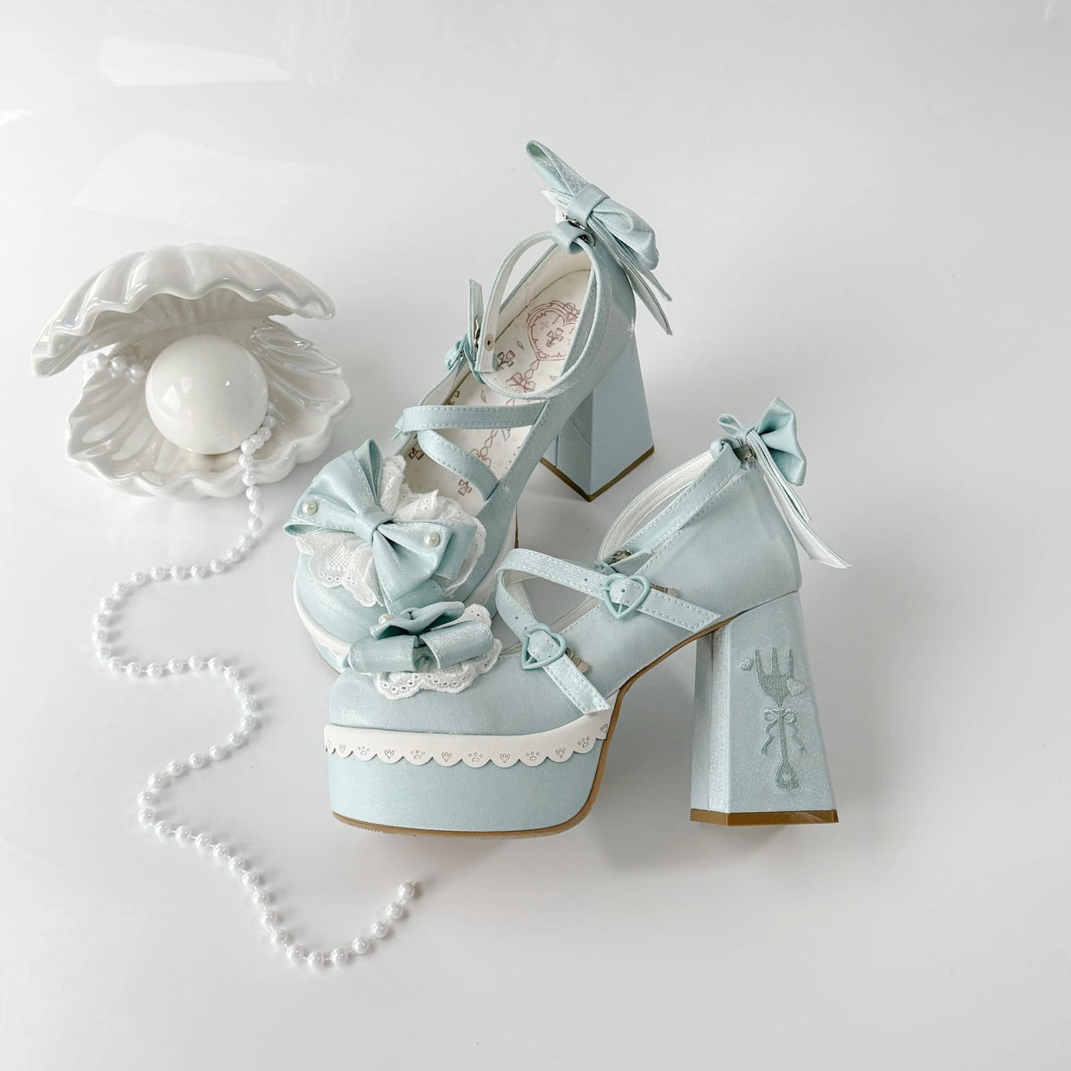Tea Party Tale - Sweet Lolita Platform Heels, Bow Strap & Fork Embroidery (Blue / 34 35 36 37 38 39 40 41) 45905:867661