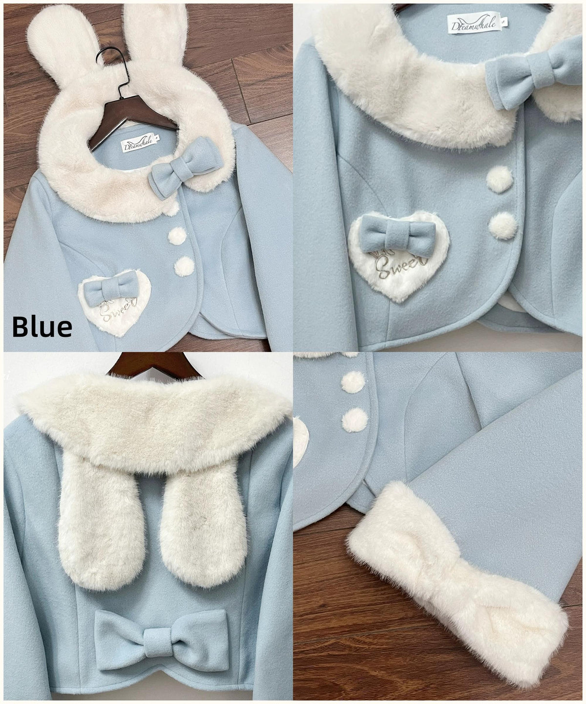 Rabbit Heart Knot - Sweet Lolita Winter Short Coat, Detachable Bunny-Ear Collar (Blue) 45891:866926