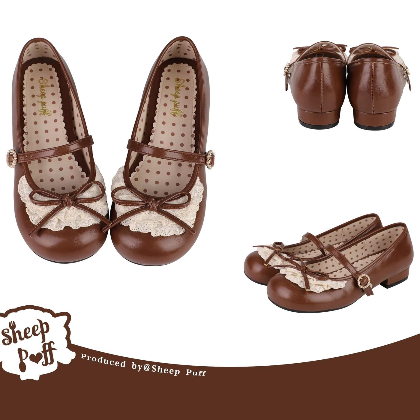 Sheep Puff~Little Leila~Daily Lolita Lace Round Toe Flat Shoes Multicolors 34 brown 