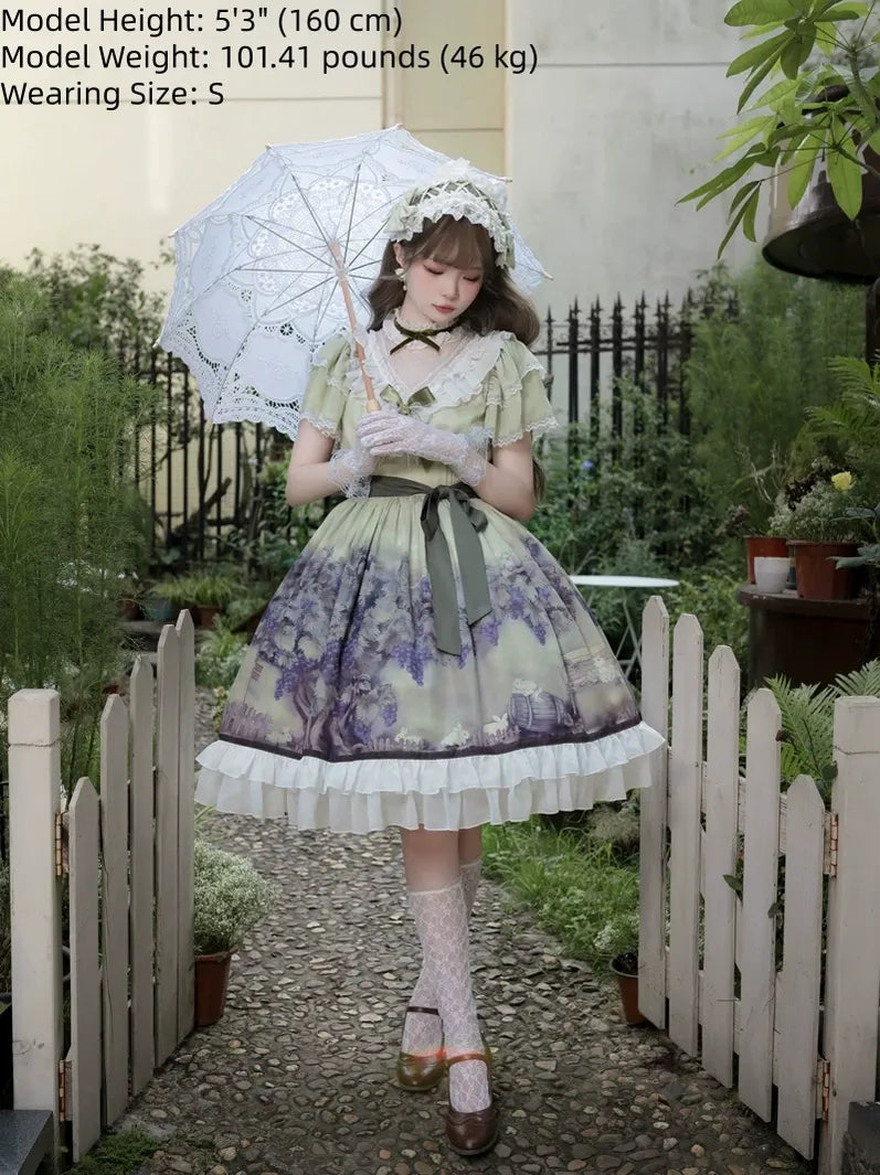 Grape Manor - Back Zipper Classic Lolita OP Dress, Bunny and Grape Print