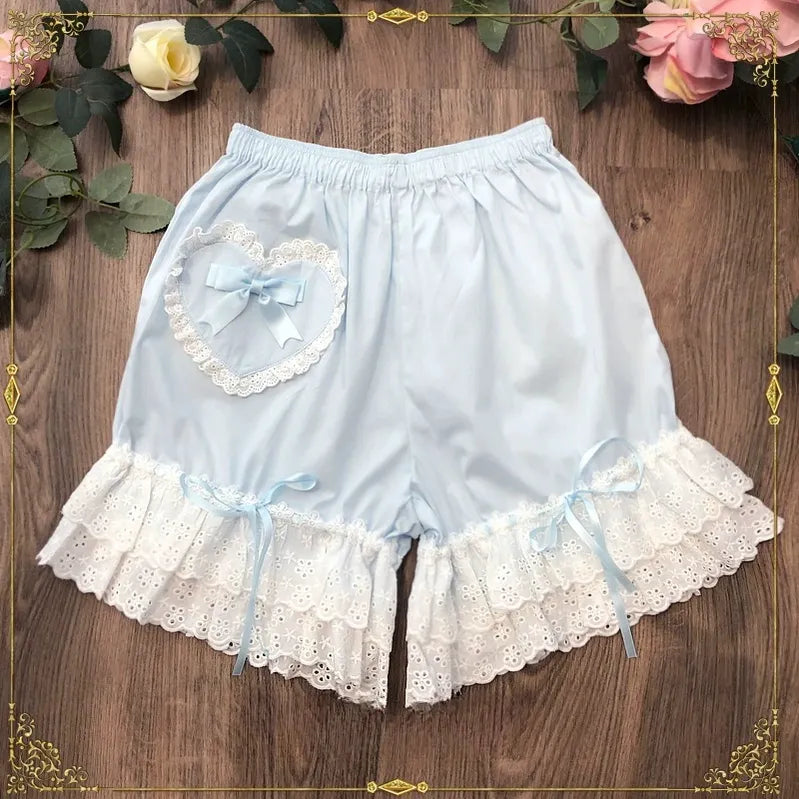 Candy Sweet - Cotton Lolita Bloomers Lace Home Shorts light blue L